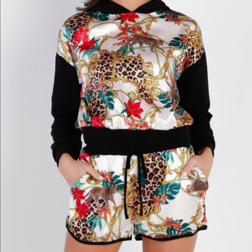 NEW Black & Ivory Satin Effect Animal Print Hooded Top And Short Set